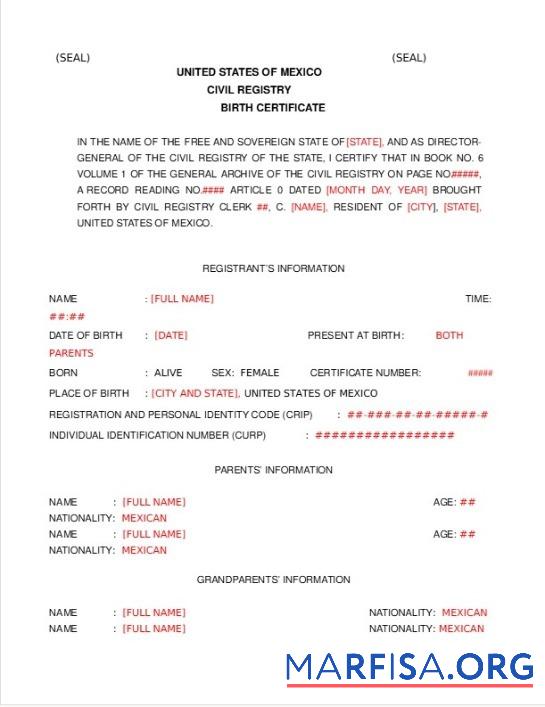 Realistic USA Civil registry of Mexico birth certificate real example